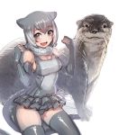  1girl animal animal_ears arms_up blush bow_(bhp) breasts brown_eyes clenched_hands elbow_gloves eyebrows_visible_through_hair fingerless_gloves frilled_swimsuit frills fur_collar gloves gradient_hair kemono_friends looking_at_viewer medium_breasts multicolored_hair open_mouth otter otter_(kemono_friends) short_hair solo swimsuit tail thigh-highs 