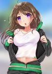  1girl :o ahoge bangs belly_peek black_jacket blurry blush breasts brown_hair collarbone crop_top day depth_of_field dripping eyebrows_visible_through_hair fingernails jacket komazuki_(komaworks240) long_hair long_sleeves medium_breasts nail_polish navel off_shoulder open_clothes open_jacket original outdoors pink_nails shirt solo sportswear stomach sweat tank_top track_jacket unaligned_breasts unzipped upper_body violet_eyes wet wet_clothes wet_shirt 