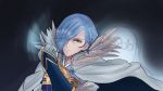  1boy 1girl aqua_(fire_emblem_if) armor blue_hair cape clenched_hand cryopon feathers fire_emblem fire_emblem_if gloves hair_over_one_eye raised_fists shigure_(fire_emblem_if) simple_background yellow_eyes 