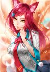  1girl academy_ahri ahri animal_ears breasts fox_ears fox_tail hair_ornament hairclip heart_hair_ornament large_breasts league_of_legends long_hair looking_at_viewer multiple_tails redhead school_uniform skirt solo tail whisker_markings yellow_eyes 