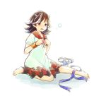  1girl barefoot black_hair blue_ribbon directional_arrow dress full_body horns imokichi kijin_seija multicolored_hair red_eyes ribbon simple_background sitting sketch solo streaked_hair tareme touhou white_background white_hair wrist_cuffs 