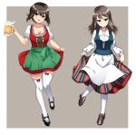  2girls alcohol apron beer beer_mug black_shoes blue_dress bow_legwear breasts brown_eyes brown_hair brown_shoes cleavage closed_mouth commentary dirndl dress finnish_clothes frilled_dress frills full_body german_clothes girls_und_panzer green_apron grey_background hikyakuashibi holding leg_up loafers long_dress long_hair long_sleeves looking_at_viewer mary_janes medium_breasts mika_(girls_und_panzer) multiple_girls nishizumi_maho outside_border pantyhose parted_lips puffy_short_sleeves puffy_sleeves red_dress shoes short_dress short_hair short_sleeves skirt_hold smile standing standing_on_one_leg striped thigh-highs vertical-striped_dress vertical_stripes waist_apron white_legwear 