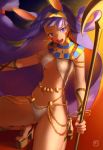  1girl belt bracelet breasts dark_skin earrings egyptian_clothes fate/grand_order fate_(series) high_heels hojiro_(piko519) holding holding_staff jackal_ears jewelry kneeling long_hair looking_at_viewer navel nitocris_(fate/grand_order) open_mouth purple_hair sandals solo staff teeth violet_eyes 