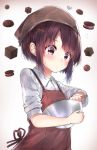  1girl apron brown_eyes brown_hair chocolate commentary_request hair_ornament hairclip headwear holding mixing_bowl neku_(neku_draw) original short_hair sleeves_pushed_up solo squiggle sweatdrop upper_body valentine 