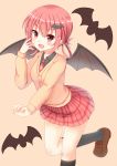  1girl bat bat_hair_ornament bat_wings fang gabriel_dropout hair_ornament hair_rings highres kurumizawa_satanichia_mcdowell necktie open_mouth parafox pleated_skirt red_eyes redhead school_uniform short_hair skirt smile solo wings 