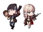  1boy 1girl assault_rifle audrey_(herowarz) beanie blonde_hair blue_eyes boots breasts cellphone character_request chibi cleavage denim grey_eyes gun handgun hat herowarz jeans mac_(herowarz) midriff monkey mulin navel pants phone pistol rifle short_hair silver_hair simple_background smartphone torn_clothes torn_jeans weapon white_background 