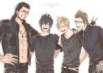  4boys abs black_hair black_jacket blonde_hair brown_hair closed_eyes final_fantasy final_fantasy_xv gladiolus_amicitia ignis_scientia jacket jacket_removed laughing male_focus multiple_boys muscle noctis_lucis_caelum pentsu prompto_argentum shirt t-shirt v 