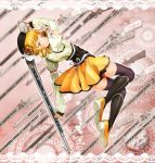  1girl 2014 blonde_hair blush corset dated drill_hair gun hat highres lace_background magical_girl magical_musket mahou_shoujo_madoka_magica smile solo sua_k thigh-highs thighs tomoe_mami weapon yellow_eyes 
