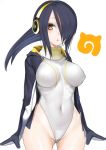  1girl black_hair breasts brown_eyes chestnut_mouth commentary_request emokakimasu emperor_penguin_(kemono_friends) erect_nipples gluteal_fold hair_over_one_eye headphones highres kemono_friends large_breasts long_hair looking_at_viewer simple_background solo white_background 
