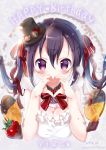  1girl 2017 bangs bare_arms birthday blush breast_squeeze breasts character_name chocolate chocolate_heart cleavage covered_mouth dated detached_collar english eyelashes food frills fruit gochuumon_wa_usagi_desu_ka? hair_between_eyes hair_ribbon happy_birthday hat hat_ribbon heart heart_hands highres long_hair looking_at_viewer medium_breasts mini_hat mini_top_hat neck_ribbon neki_(wakiko) orange orange_slice purple_hair red_ribbon ribbon solo strawberry tedeza_rize top_hat twintails twitter_username upper_body valentine violet_eyes white_apron 