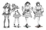  4girls amatsukaze_(kantai_collection) commentary_request dress flight_deck flower frilled_dress frilled_sleeves frills garter_straps geta gloves greyscale gufu6 hair_ornament hair_scrunchie hair_tubes hairband hands_on_hips hands_on_own_face hat headdress headgear hiryuu_(kantai_collection) idol japanese_clothes kantai_collection kimono kimono_skirt long_hair long_sleeves looking_at_viewer mini_hat monochrome multiple_girls obi open_mouth pantyhose sash scrunchie shoes short_hair souryuu_(kantai_collection) thigh-highs twintails white_background wide_sleeves yukikaze_(kantai_collection) 