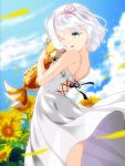  1girl animal animal_hug aqua_eyes bare_shoulders clouds dress flower fox hairband highres kakari motion_blur original petals see-through_silhouette short_hair sky smile solo summer sunflower white_dress white_hair wind 