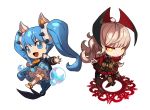  +_+ 2girls :o ara_(herowarz) barefoot blonde_hair blue_eyes blue_hair bubble character_request chibi herowarz izanami_(herowarz) mulin multiple_girls no_nose simple_background thigh-highs twintails white_background yellow_eyes 