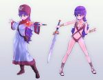  1girl bag breasts cleavage dragon_quest dragon_quest_ii dress holding hood long_hair long_sleeves open_mouth princess_of_moonbrook purple_hair satchel smile solo staff tamago_tomato violet_eyes 