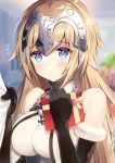  1girl bare_shoulders black_gloves blonde_hair blue_eyes blurry blush breasts chains closed_mouth clothes_grab cross depth_of_field elbow_gloves eyebrows_visible_through_hair eyelashes fate/grand_order fate_(series) flower flying_sweatdrops fur_trim gift gloves gorget headpiece heart highres holding holding_gift large_breasts lens_flare light_particles long_hair motion_lines necomi_(gussan) ribbon ruler_(fate/apocrypha) shiny shiny_hair sleeveless solo_focus upper_body valentine yellow_ribbon 