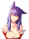  1girl ahri animal_ears bare_shoulders black_hair breasts cleavage collarbone detached_sleeves facial_mark fox_ears highres korean_clothes large_breasts league_of_legends light_smile long_hair looking_at_viewer simple_background slit_pupils solo whisker_markings white_background yellow_eyes 