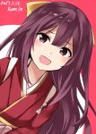  1girl artist_name bow commentary_request dated hair_bow highres japanese_clothes kamelie kamikaze_(kantai_collection) kantai_collection kimono long_hair looking_at_viewer meiji_schoolgirl_uniform open_mouth purple_hair red_kimono solo tasuki violet_eyes yellow_bow 