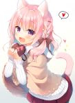  1boy :d animal_ears black_legwear blush braid cat_ears cat_tail chocolate chocolate_heart commentary_request eyebrows_visible_through_hair fate/apocrypha fate_(series) gift hair_ribbon heart heart-shaped_box holding holding_gift long_hair looking_at_viewer male_focus open_mouth pink_hair pleated_skirt poncho ribbon rider_of_black sazaki_ichiri single_braid skirt smile solo speech_bubble spoken_heart tail trap valentine violet_eyes 