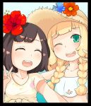  2girls ;d ^_^ ^o^ arm_around_shoulder bangs black_border black_hair blunt_bangs blush border braid breasts closed_eyes female_protagonist_(pokemon_sm) floral_print flower flower_on_head green_eyes happy hat lillie_(pokemon) long_hair looking_at_viewer multiple_girls navel one_eye_closed open_mouth pokemon pokemon_(game) pokemon_sm pose self_shot shirt short_hair short_sleeves smile straw_hat swimsuit taking_picture tied_shirt twin_braids upper_body v white_bikini_top yuno_(mioalice) 