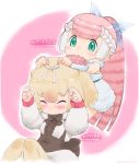  2girls artist_name blonde_hair bow character_name closed_eyes dated dress green_eyes hair_bow kemono_friends long_hair multicolored_hair multiple_girls pink_background pink_fairy_armadillo_(kemono_friends) pink_hair ponytail silky_anteater_(kemono_friends) simple_background sitting two-tone_hair yoshizaki_mine 