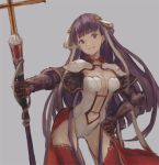  1girl bangs blue_eyes breasts cleavage earrings eyebrows_visible_through_hair fate/grand_order fate_(series) gauntlets grey_background highres holding holding_staff jewelry kouzuki_kei large_breasts leotard long_hair looking_at_viewer navel parted_lips purple_hair red_legwear saint_martha simple_background smile solo staff thigh-highs white_leotard 