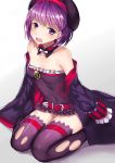  1girl bangs bare_shoulders belt beret black_legwear blush breasts corset covered_navel d:&lt; detached_collar eyebrows_visible_through_hair fate/grand_order fate_(series) frilled_skirt frills hat helena_blavatsky_(fate/grand_order) highres jacket_on_shoulders looking_at_viewer microskirt open_mouth purple_hair shadow short_hair simple_background sitting skirt small_breasts solo teeth thigh-highs thighs violet_eyes wariza wenhe white_background wing_collar 