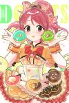  1girl absurdres blush brown_eyes brown_hair doughnut food highres idolmaster idolmaster_cinderella_girls idolmaster_cinderella_girls_starlight_stage long_hair ponytail shiina_noriko smile solo tomato_omurice_melon 