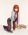  1girl all_fours blue_eyes boots_removed breasts brown_hair chestnut_mouth collared_shirt denim denim_shorts grey_background jacket jacket_removed long_hair looking_at_viewer loose_necktie makise_kurisu necktie ocha_(mgmg_ok) open_mouth shirt shorts solo steins;gate thigh-highs 