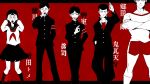  1girl 4boys armband black_hair character_name crossed_arms delinquent gakuran gouda_musashi gym_uniform hand_glasses highres kamuro_shinji kurata_tome kuroxmitsu_kinako letterboxed lineup looking_at_viewer mob_psycho_100 monochrome multiple_boys ok_sign onigawara_tenga open_mouth red_background school_uniform serafuku short_hair standing tokugawa_(mob_psycho_100) 