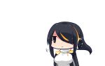  1girl black_hair brown_eyes chibi closed_mouth emperor_penguin_(kemono_friends) hair_over_one_eye headphones highlights hood hoodie jitome kemono_friends multicolored_hair open_clothes open_hoodie shioya_mutsu simple_background solo sparkle turtleneck upper_body white_background 