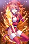  1girl :o bangs bare_shoulders bloodline blue_eyes boots breasts character_request detached_sleeves dress fire high_heel_boots high_heels iotower large_breasts looking_at_viewer official_art pelvic_curtain red_boots red_dress redhead short_dress short_hair solo thigh-highs thigh_boots 