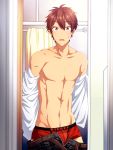  1boy belt boxers brand_name_imitation brown_hair bulge bunmare ensemble_stars! highres male_focus mirror morisawa_chiaki off_shoulder open_mouth open_pants pants_down red_eyes reflection shirtless solo toned toned_male unbuckled_belt underwear 