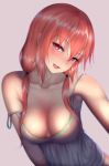  1girl bangs breasts cleavage fang gabriel_dropout hair_between_eyes half-closed_eyes kurumizawa_satanichia_mcdowell lingerie long_hair looking_at_viewer medium_breasts naughty_face negligee nikuku_(kazedesune) parted_lips red_eyes redhead sidelocks simple_background smile solo strap_slip underwear upper_body 