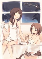  2girls :d ^_^ basin bath bathtub brown_hair cat closed_eyes highres kyuri low_ponytail multiple_girls naked_towel nude open_mouth original short_hair shower_head smile towel window 