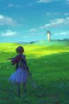  1girl armor blonde_hair broken broken_sword broken_weapon cape clouds day field from_behind full_body grass hiko_(scape) holding holding_sword holding_weapon original outdoors scenery skirt sky solo standing sword torn_cape torn_clothes torn_skirt weapon wind windmill 