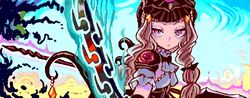  1girl blonde_hair dual_wielding fighting_stance glowing glowing_sword glowing_weapon hayanye lethe_(mahoiku) mahou_shoujo_ikusei_keikaku mahou_shoujo_ikusei_keikaku_queens pink_eyes polearm solo sword tail weapon 