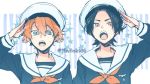  2boys ascot black_hair child datsugoku_(vocaloid) ikuhiro_(19nnnkti16) kawasemi_(datsugoku) kuina_(datsugoku) male_focus multiple_boys open_mouth red_eyes redhead sailor_collar sailor_shirt salute shirt star twitter_username upper_body 