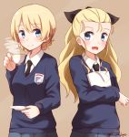  assam bangs black_necktie black_ribbon blonde_hair blue_eyes blue_skirt blue_sweater braid brown_background closed_mouth commentary_request crossed_arms cup darjeeling dress_shirt emblem girls_und_panzer hair_ribbon highres holding kapatarou long_hair long_sleeves looking_at_another necktie notepad open_mouth pleated_skirt ribbon saucer school_uniform shirt short_hair side-by-side simple_background skirt smile st._gloriana&#039;s_(emblem) standing steam sweater teacup tied_hair twin_braids twitter_username upper_body v-neck white_shirt yuri 