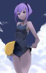  1girl assassin_(fate/prototype_fragments) dark_skin fate/grand_order fate/prototype fate/prototype:_fragments_of_blue_and_silver fate_(series) purple_hair school_swimsuit seseri7th short_hair solo swimsuit violet_eyes 