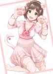  1girl :3 :d animal_ears arms_up bangs bare_shoulders beads bob_cut bow breasts brown_hair cat_ears cat_paws cat_tail choker cleavage collarbone dress eyebrows_visible_through_hair fake_animal_ears fang flower frame frilled_dress frilled_gloves frilled_sleeves frills full_body gloves green_eyes hair_beads hair_bow hair_ornament head_tilt highres idolmaster idolmaster_cinderella_girls idolmaster_cinderella_girls_starlight_stage jewelry juliet_sleeves kemonomimi_mode kneeling lace lace-trimmed_dress layered_dress long_sleeves looking_at_viewer maekawa_miku medium_breasts nishimura_(mosh!) no_shoes open_mouth over-kneehighs parted_bangs paw_gloves paw_pose paws pendant pink_bow pink_choker pink_gloves pink_legwear pink_rose pom_pom_(clothes) pose puffy_sleeves raised_eyebrows red_bow rose simple_background smile solo striped striped_bow tail tareme thigh-highs white_background 