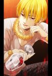  1boy alcohol animal_print blonde_hair cup drinking_glass fate/zero fate_(series) gilgamesh highres jewelry necklace open_mouth parted_lips pillarboxed red_eyes short_hair solo spilling west_potato wine wine_glass 