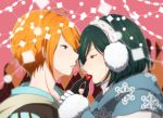  2boys alternate_costume argyle argyle_background black_gloves earmuffs feeding gloves green_eyes green_hair heart idolmaster idolmaster_side-m kiyosumi_kurou male_focus multiple_boys niki_(nikism1987) orange_hair parted_lips pink_background scarf short_hair tsukumo_kazuki upper_body valentine white_gloves winter_clothes yaoi 