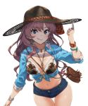  1girl :q bag bikini_top blue_eyes blue_ribbon blue_shirt blush bracelet breasts brown_hat buttons cleavage collarbone collared_shirt cow_girl cowboy_hat cowboy_shot denim denim_shorts drawstring earrings eyebrows_visible_through_hair front-tie_top hat heart heart_necklace highres ichinose_shiki idolmaster idolmaster_cinderella_girls index_finger_raised jewelry long_hair long_sleeves looking_at_viewer medium_breasts navel neo-masterpeacer pendant red_eyes ribbon ring satchel shiny shiny_skin shirt shorts simple_background solo standing stomach strap_cleavage thigh_gap tongue tongue_out unbuttoned unbuttoned_shirt wavy_hair white_background wing_collar wristband 