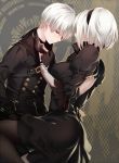  1boy 1girl aki663 blindfold blindfold_removed blush breasts buckle buttons collar crying dress eyebrows_visible_through_hair eyelashes gloves hetero juliet_sleeves long_sleeves looking_down nier_(series) nier_automata open-back_dress pale_skin pantyhose patterned_background patterned_clothing puffy_sleeves short_hair strap white_hair yorha_no._2_type_b yorha_no._9_type_s 