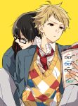  2boys argyle bespectacled black_hair blonde_hair brown_eyes glasses hug hug_from_behind kanbara_akihito kyoukai_no_kanata magazine male_focus multiple_boys nase_hiroomi necktie nmunco reading red_necktie scarf simple_background yellow_background 