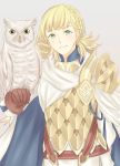  1girl armor bird blonde_hair cape feathered_wings fire_emblem fire_emblem_heroes gloves green_eyes grey_background hakirino highres owl sharena simple_background solo upper_body wings yellow_eyes 
