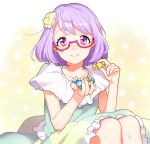  1girl aikatsu! aikatsu_stars! candy dress flower food frills glasses hair_flower hair_ornament looking_at_viewer nanakura_koharu pink-framed_eyewear purple_hair shiman short_hair sitting smile solo upper_body 