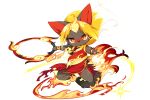  1girl animal_ears blonde_hair bright_pupils character_request chinese_clothes fire fullbokko_heroes furry holding holding_weapon long_hair multicolored_hair official_art pipe red_eyes simple_background solo tail two-tone_hair weapon white_background white_hair wristband 