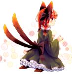  1girl _mtmtr_ animal_ears braid cat_ears cat_tail dress green_dress highres juliet_sleeves kaenbyou_rin long_sleeves multiple_tails paw_pose petticoat puffy_sleeves red_eyes redhead sitting tail touhou twin_braids two_tails wariza wide_sleeves 