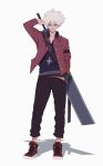 1boy belt cross cross_necklace grey_background grin headphones headphones_around_neck highres jacket jewelry jey_rain looking_at_viewer necklace pants red_eyes shoes simple_background smile sneakers solo sword weapon 